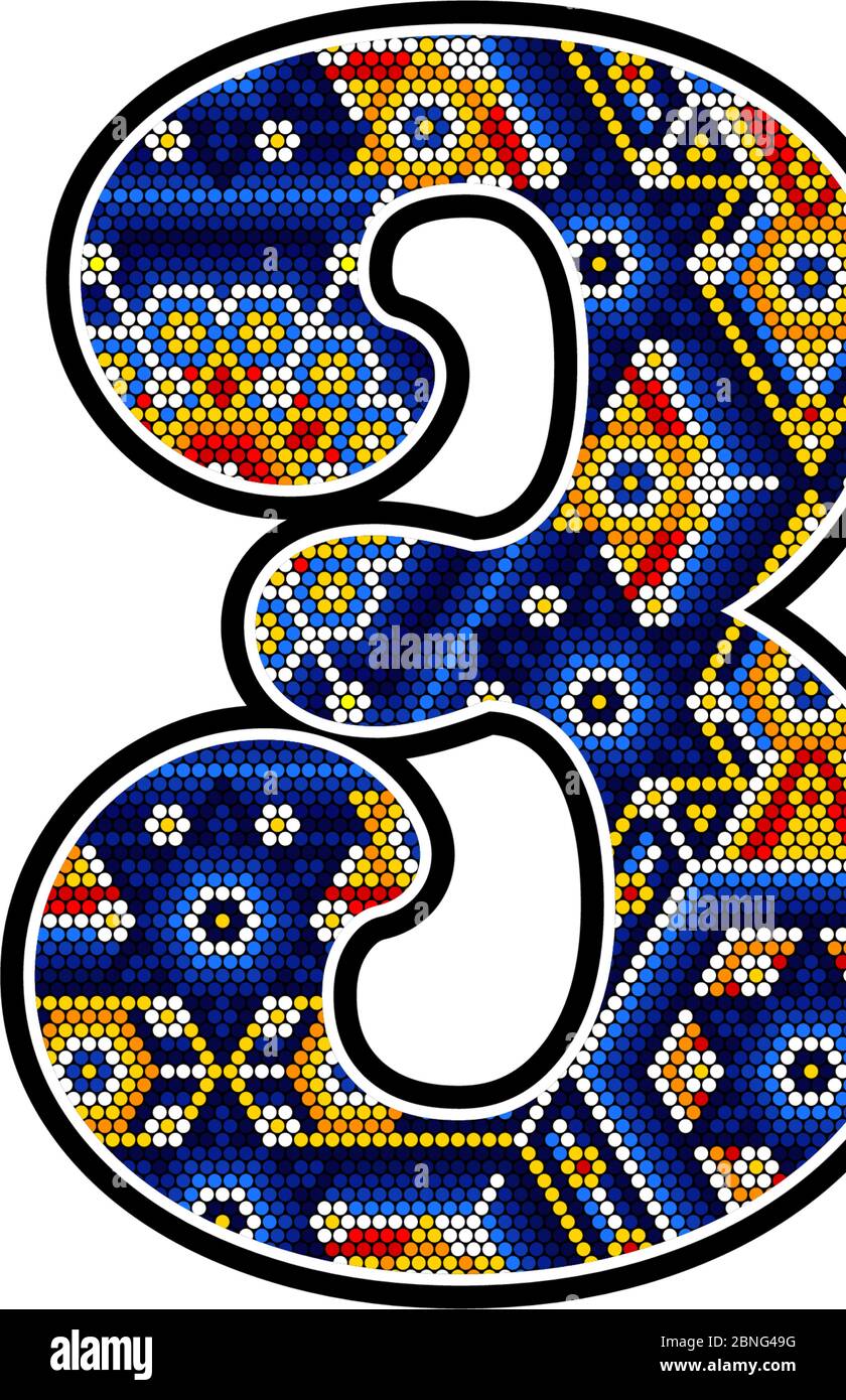 number 3 with colorful dots. Abstract design inspired in mexican huichol art style isolated on white background Stock Vector