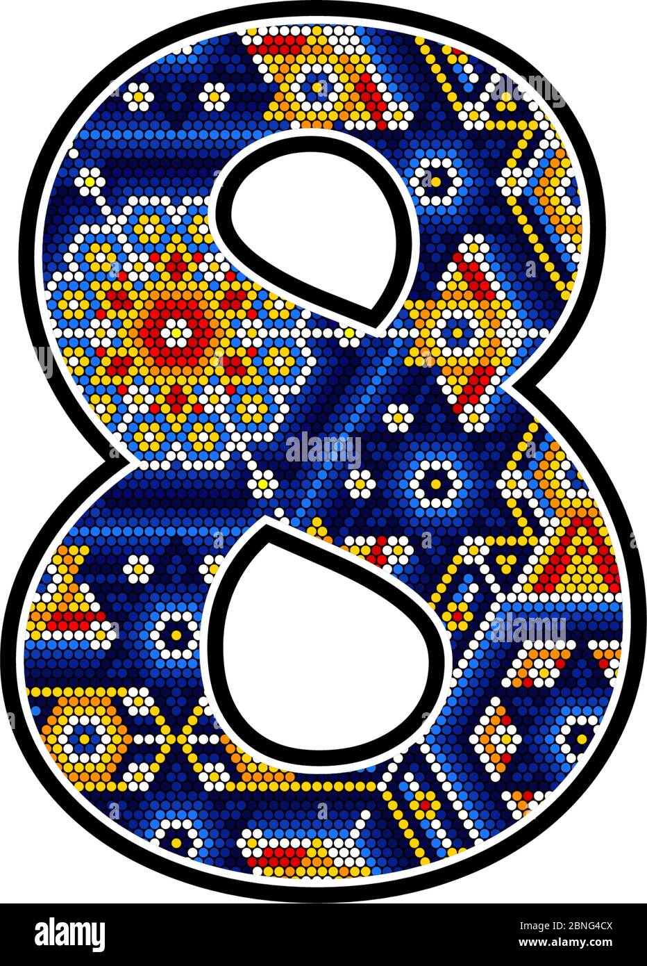 number 8 with colorful dots. Abstract design inspired in mexican huichol art style isolated on white background Stock Vector