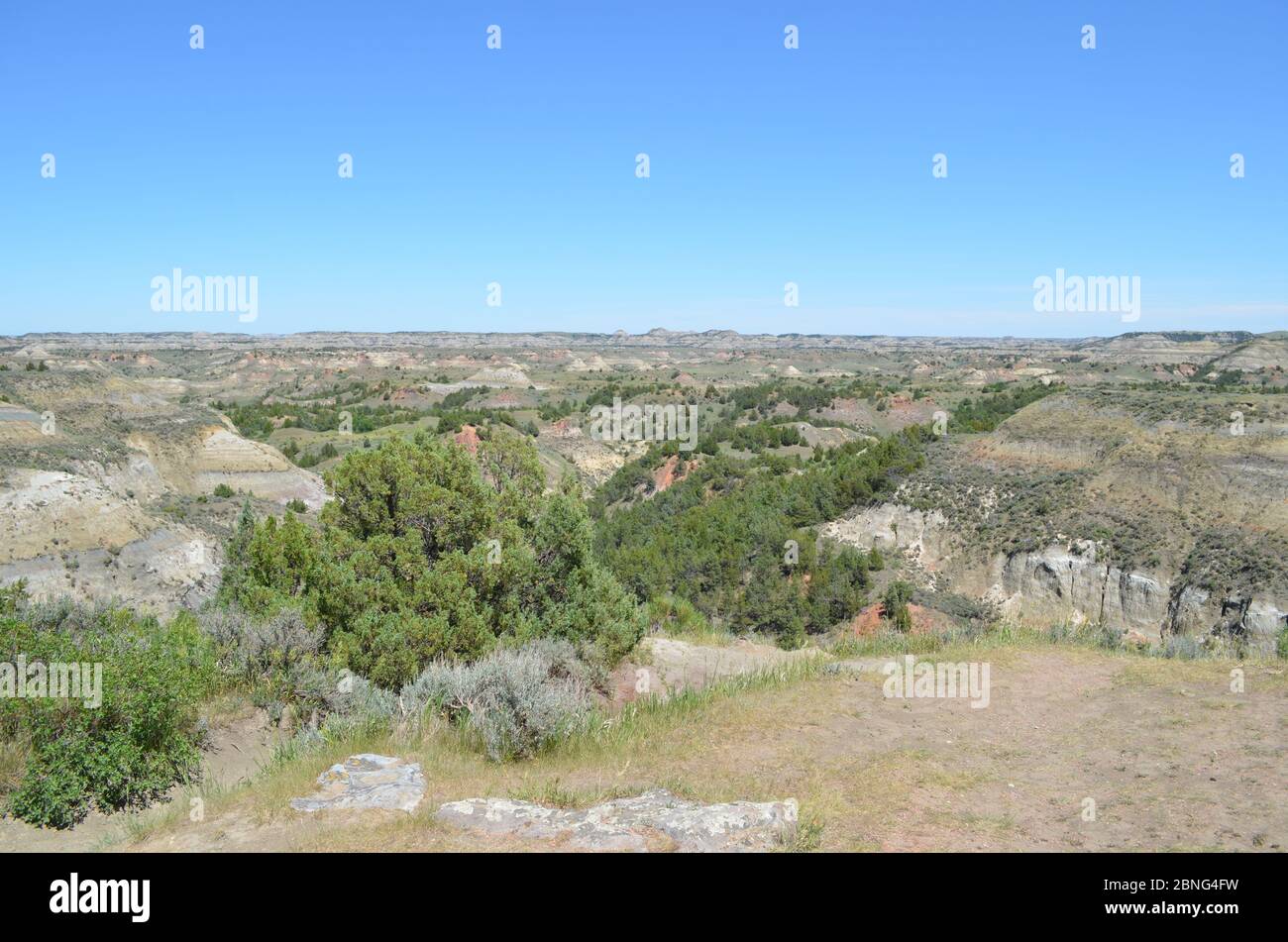 Late Spring in North Dakota: North View from Badlands Overlook Along Scenic Loop Drive in the South Unit of Theodore Roosevelt National Park Stock Photo