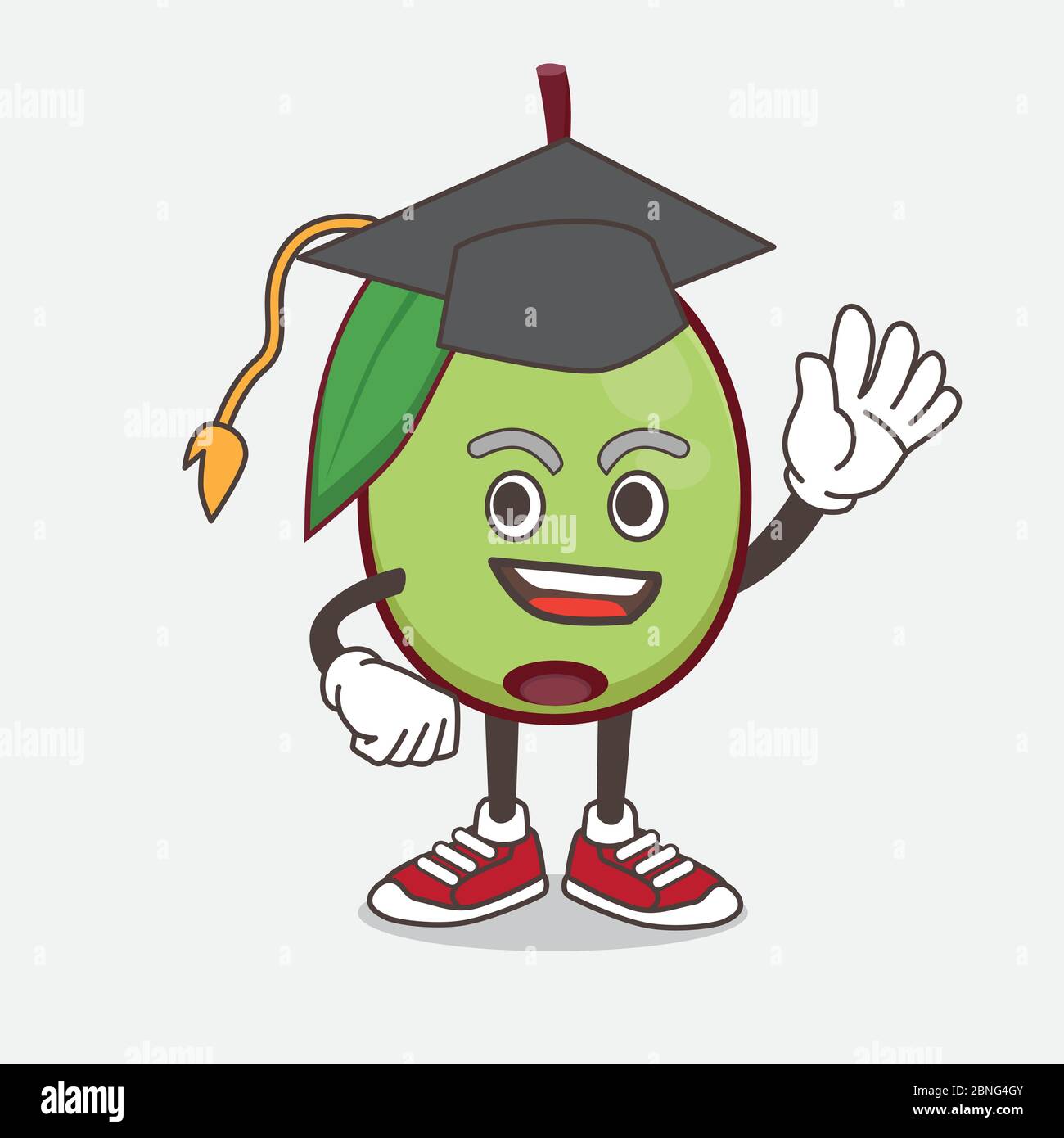An illustration of Olive Fruit cartoon mascot character in a black Graduation hat Stock Vector