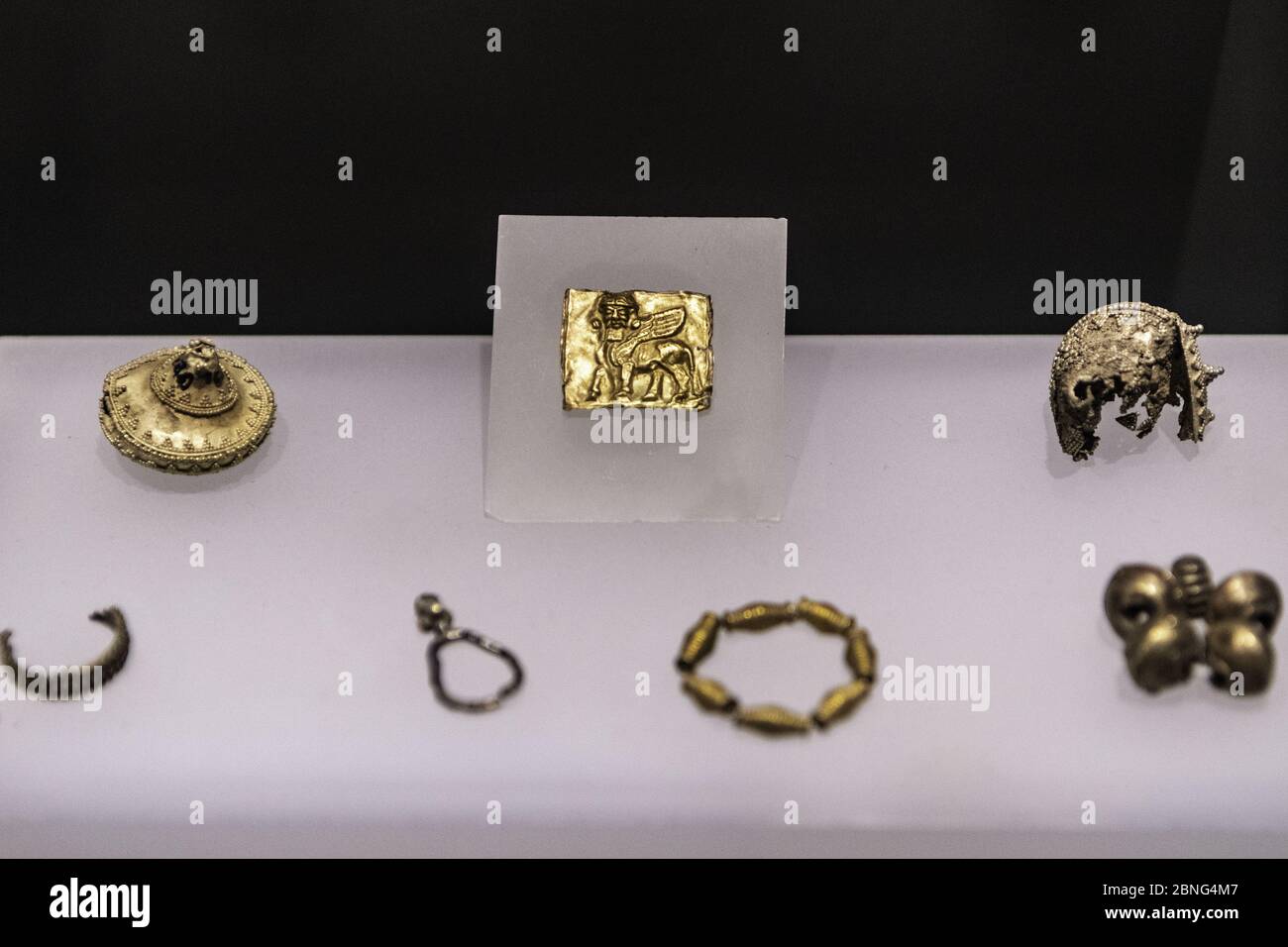 Selective focus shot of Hittite golden bindis and accessories Stock Photo