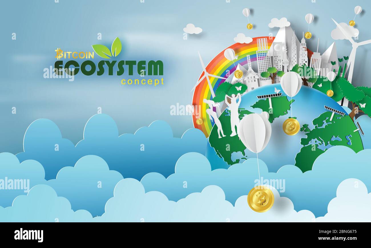 Paper art of bitcoin Ecosystem concept and earth with environment day ...