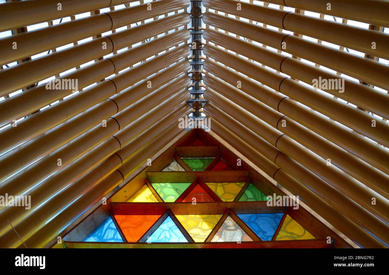 The temporary cathedral ceiling of the cardboard church with stained glass window erected in wake of the earthquake in Christchurch, New Zealand Stock Photo
