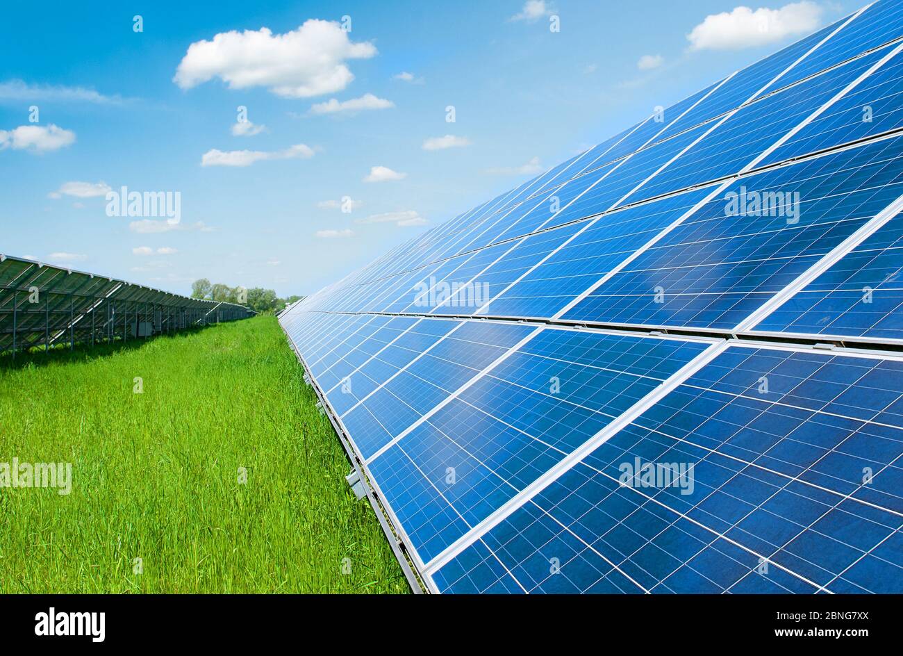 Solar panels and blue sky. Solar panels system power generators from sun. Clean technology for better future Stock Photo