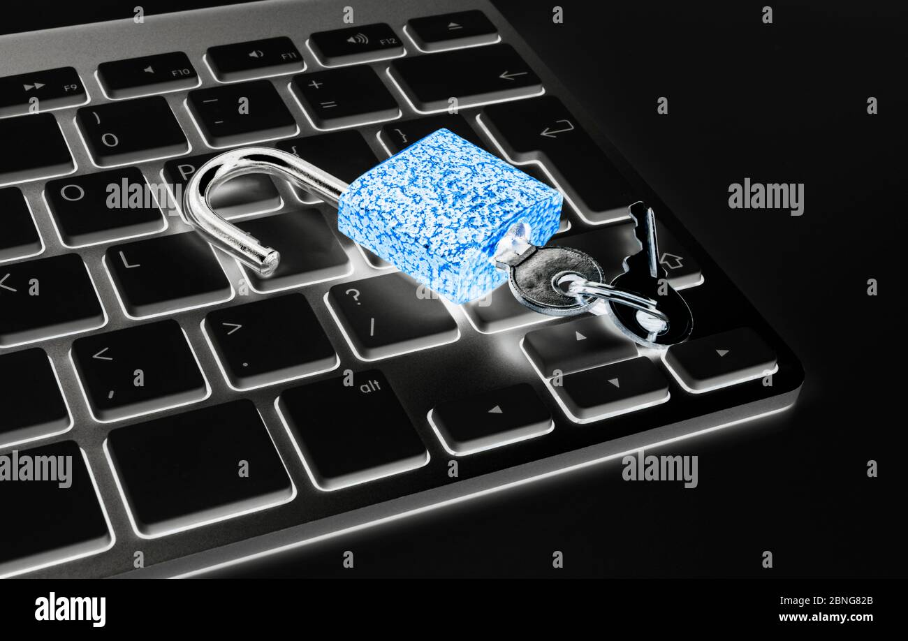 Locked computer safe from virus or malware attack. Laptop computer being protected from online cyber crime and hacking. Computer security concept with Stock Photo