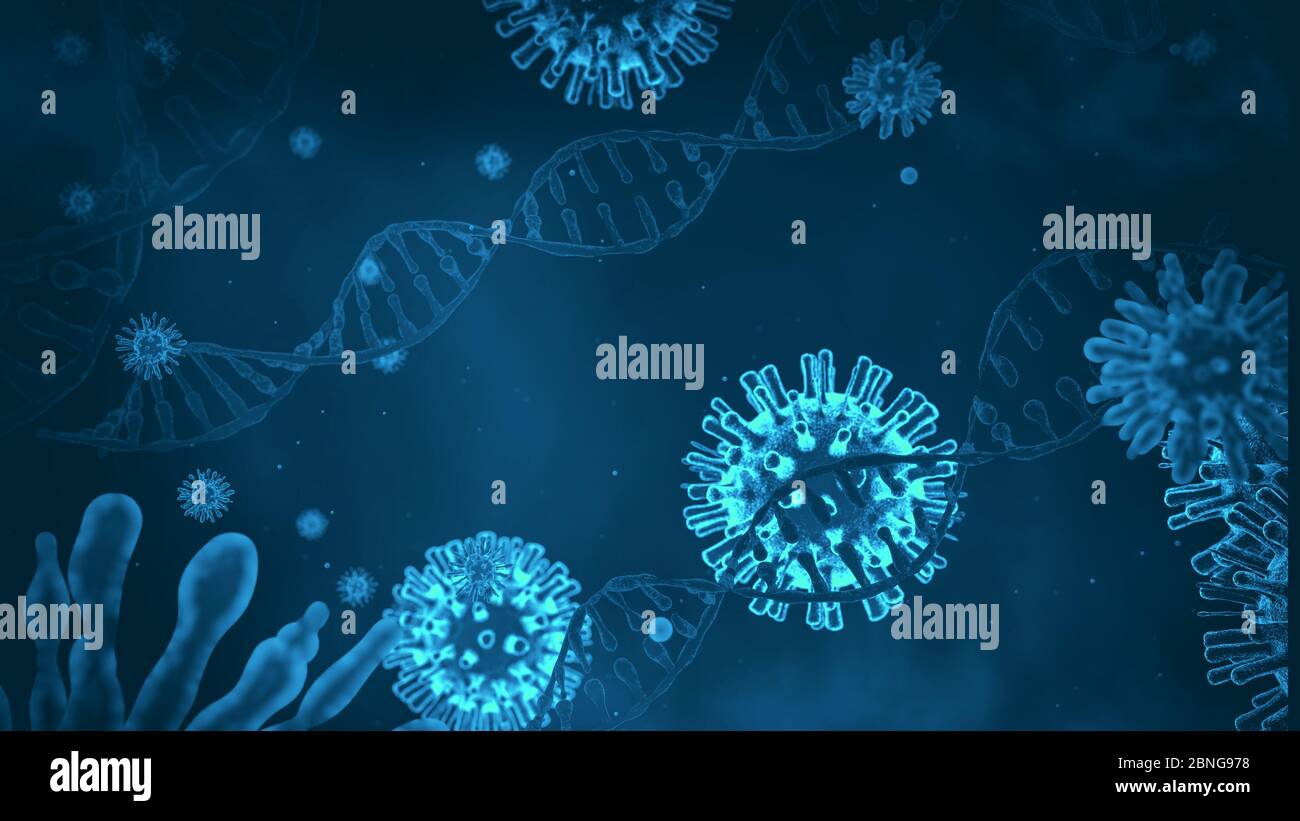 Virus close-up on a background of a DNA helix, RNA and virus, 3D rendering Stock Photo