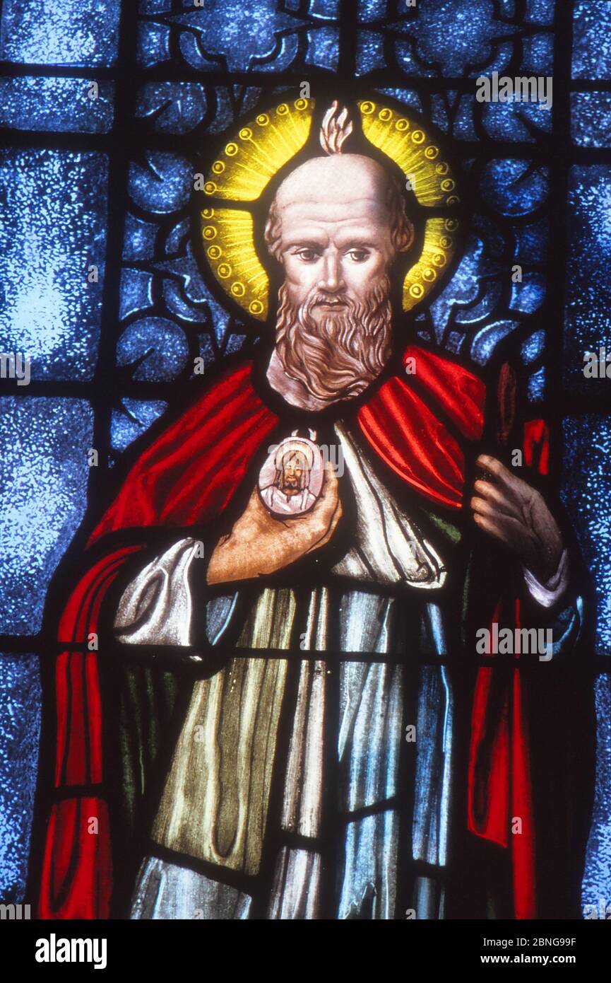 LOS ANGELES, UNITED STATES - Feb 17, 1985: Stained Glass depiction of St. Thomas the Apostle at Pentecost. Stock Photo
