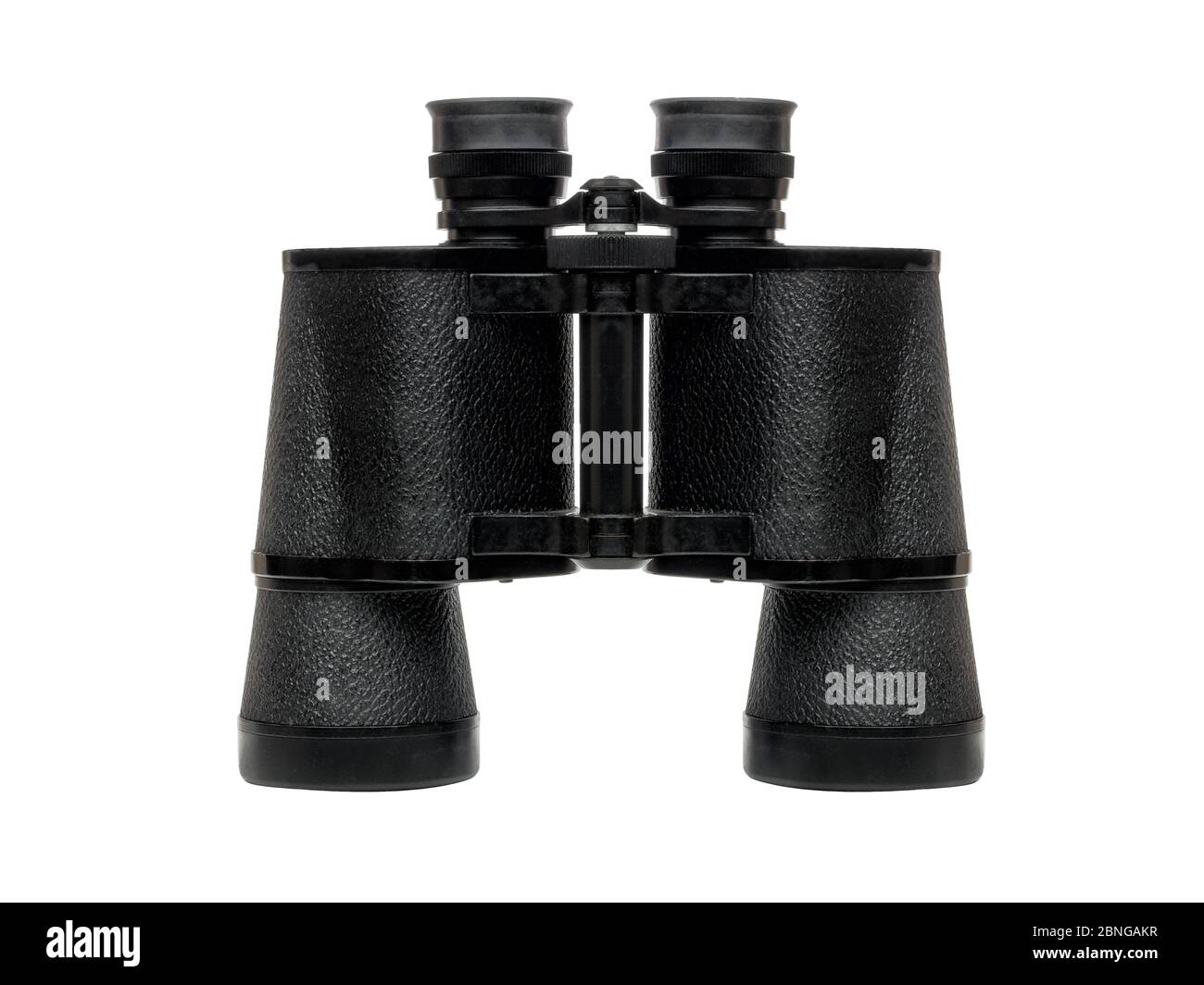Black binoculars standing isolated on a white background Stock Photo