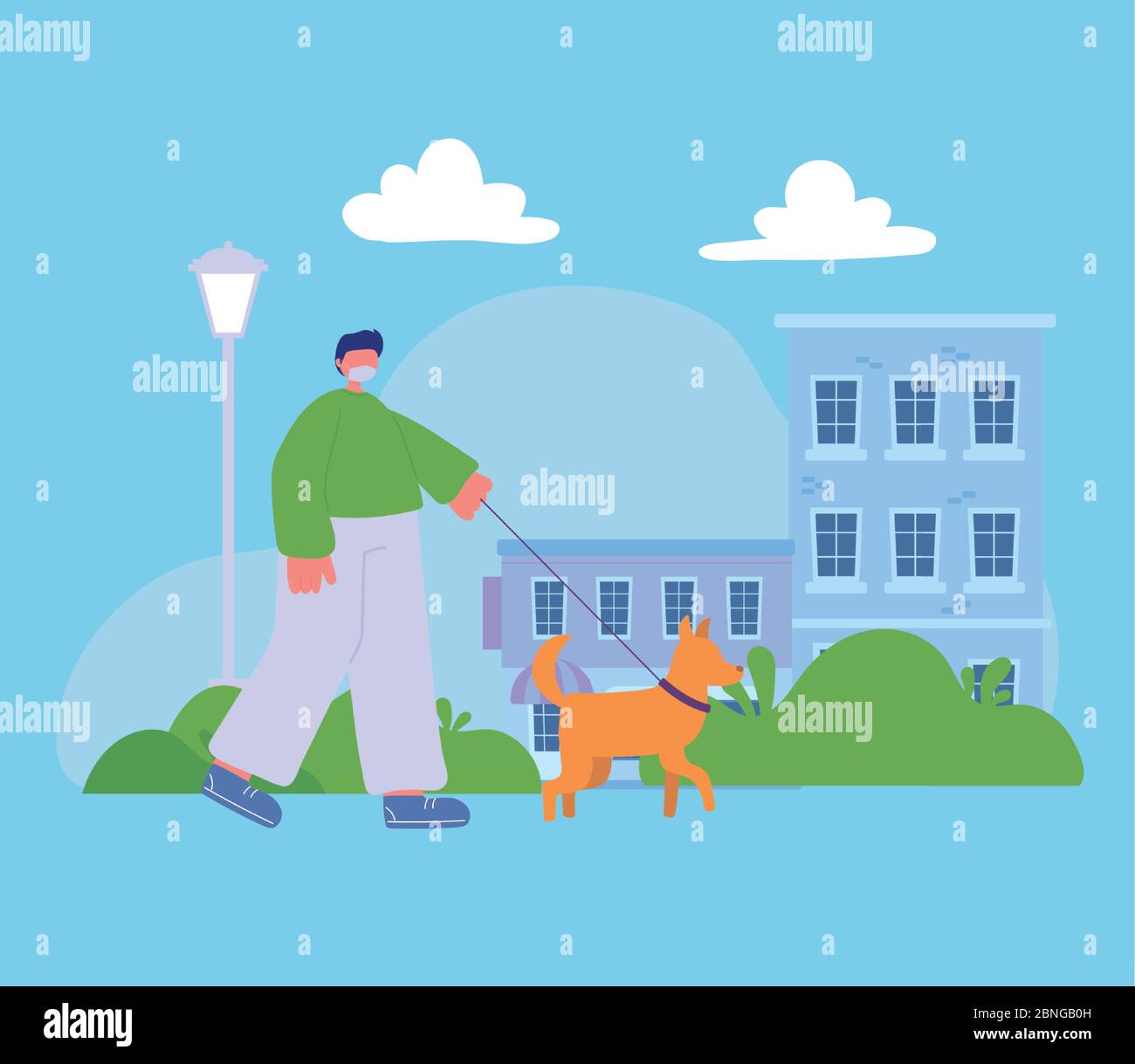 young man walking with dog pet in the street urban scene vector ...