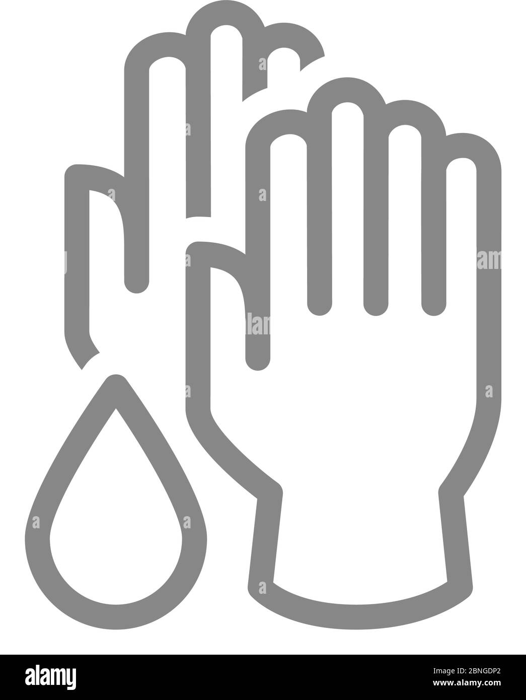 Medical gloves with disinfectant drop line icon. Cleaning supply, hand ...