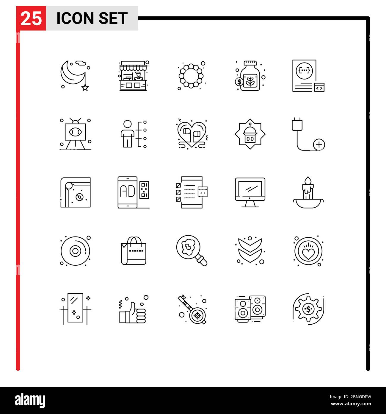 Line Pack of 25 Universal Symbols of coding, savings, street, money, currency Editable Vector Design Elements Stock Vector