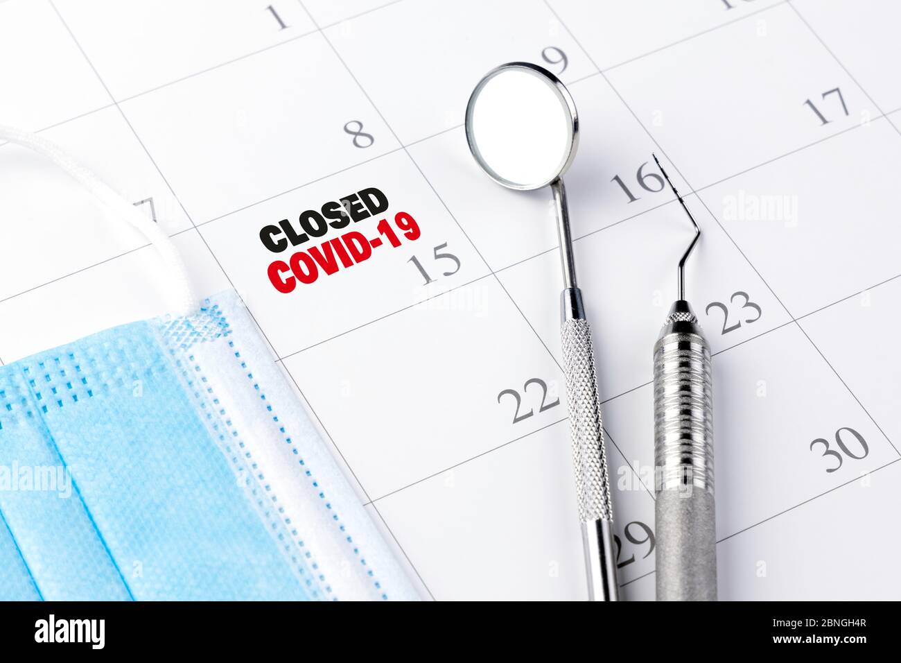 Dentist Closed due to COVID-19 Coronavirus Outbreak Lockdown Appointment in Calendar with Dental Tools. Stock Photo