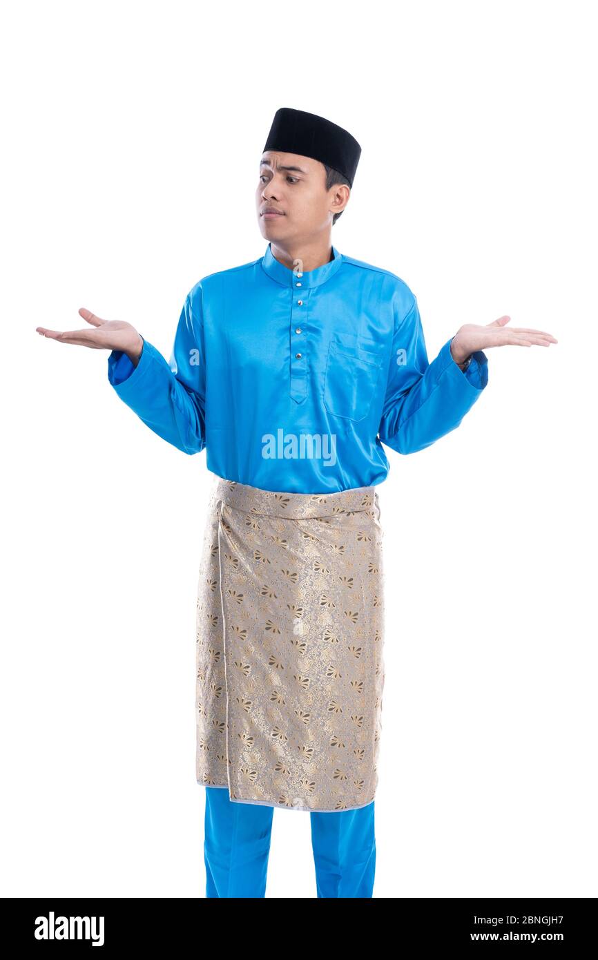 confuse male asian between two option with hand open Stock Photo