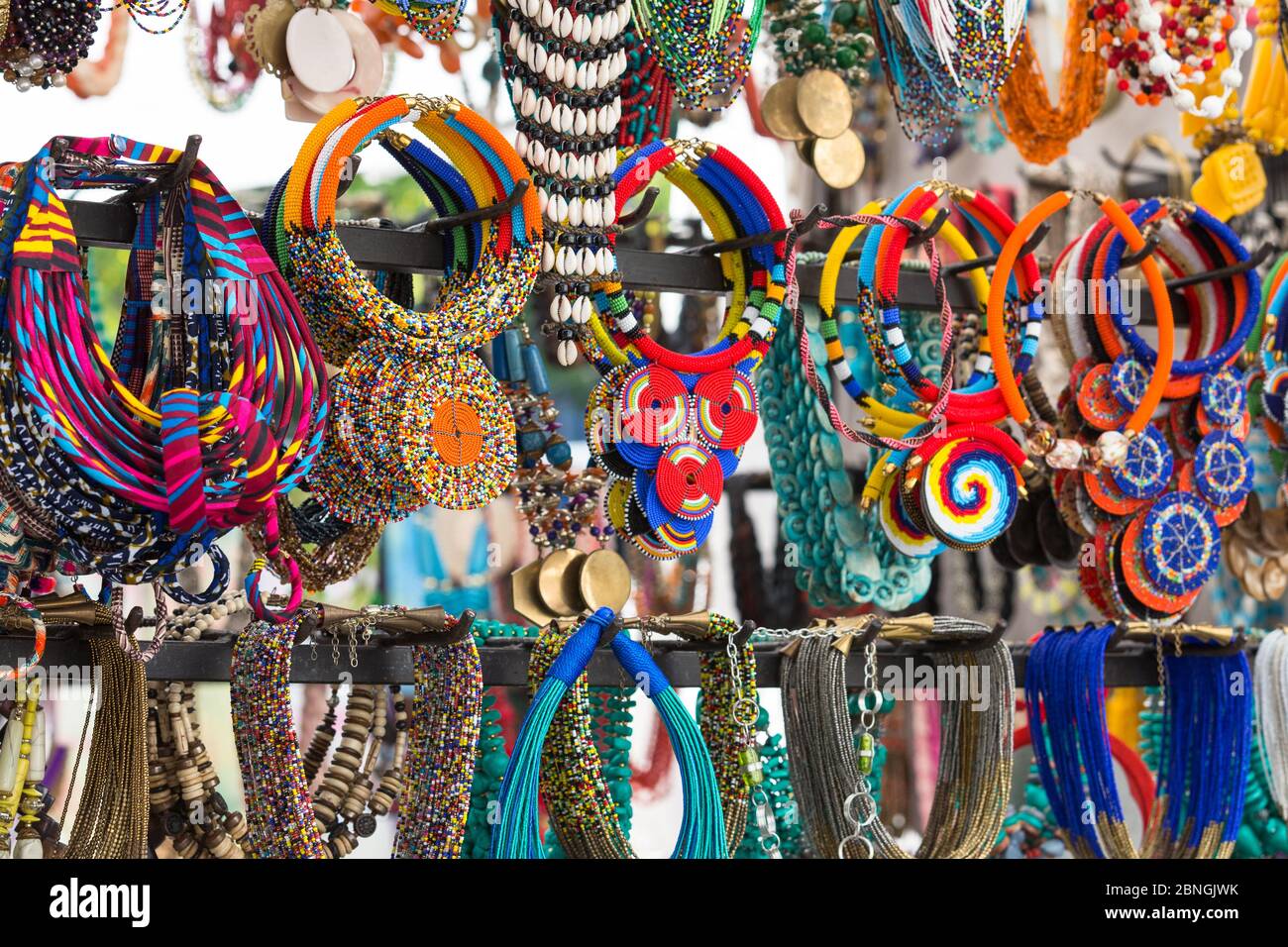African bead necklaces, items, objects, ethnic and traditional fashionable ladies costume jewellery on display Stock Photo