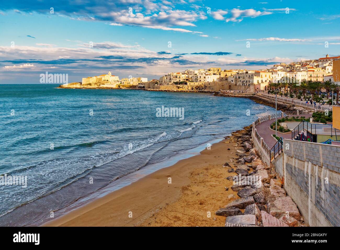 Panoramic view of little town of Vieste in summer in Apulia south of Italy cityscape of Vieste coastal town in Gargano National Park, Italy, Europe Stock Photo
