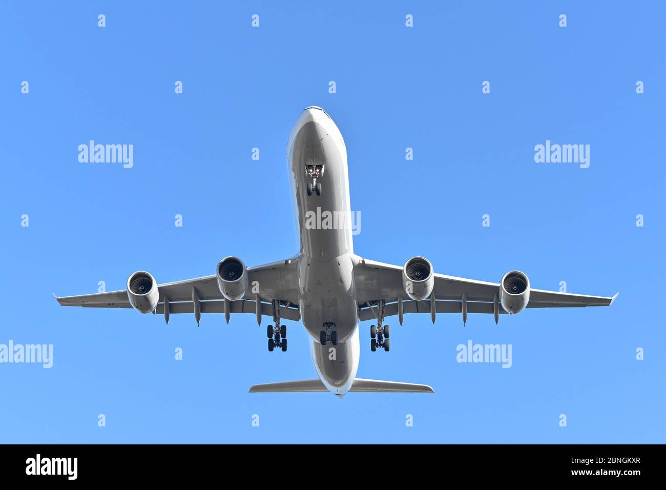 Munich, Germany - February 08. 2020 : Airbus A340-600 on landing approach Stock Photo