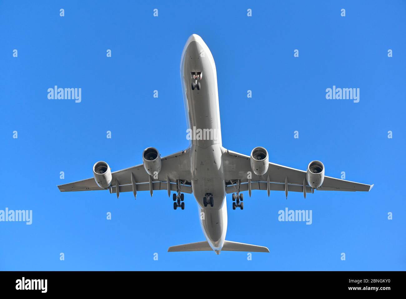 Munich, Germany - February 08. 2020 : Airbus A340-600 on landing approach Stock Photo