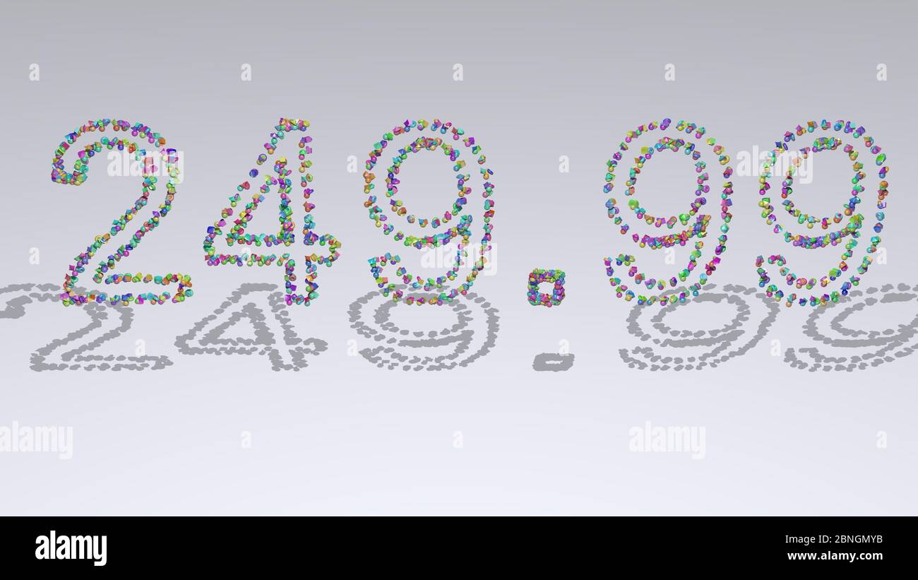 Colorful 3D writting of £249. text with small objects over a white ...