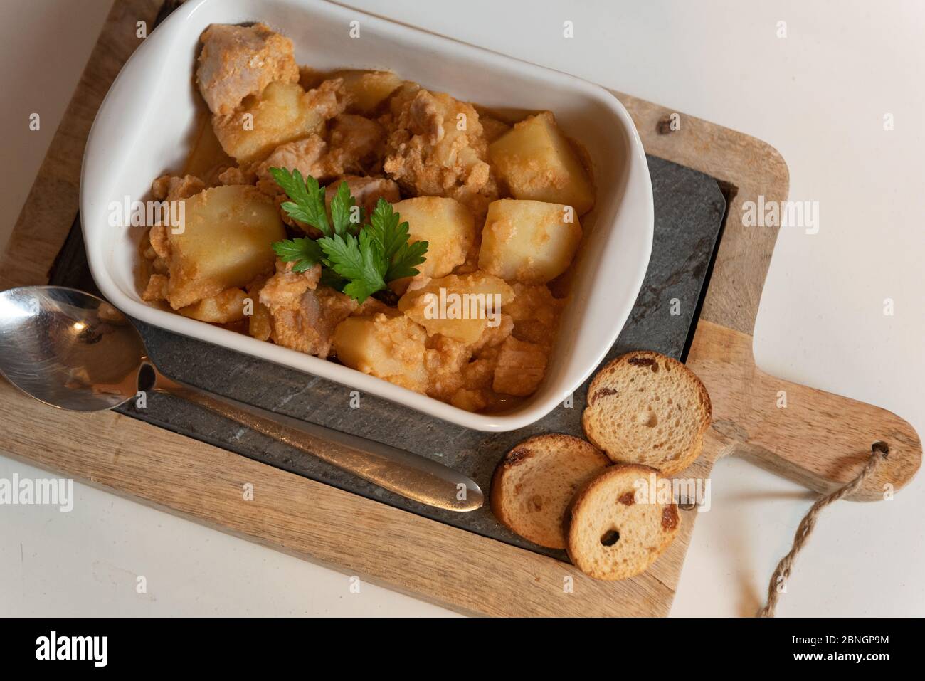 tuna and potato stew called marmitako. Traditional Basque recipe with ...