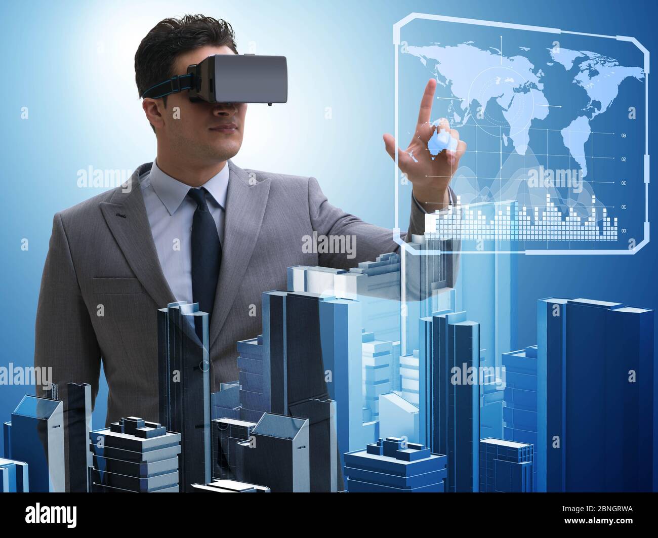 The man with virtual reality goggles doing urban planning Stock Photo