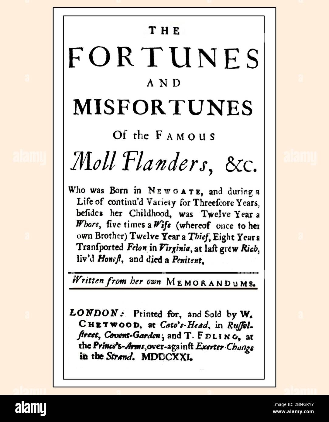Daniel Defoe The Fortunes and Misfortunes of the Famous Moll Flanders Title Page Refreshed and Reset Stock Photo