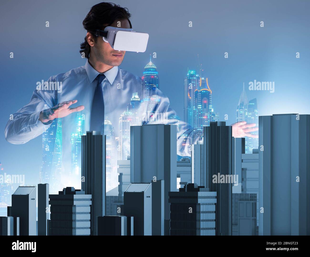 The man with virtual reality goggles doing urban planning Stock Photo