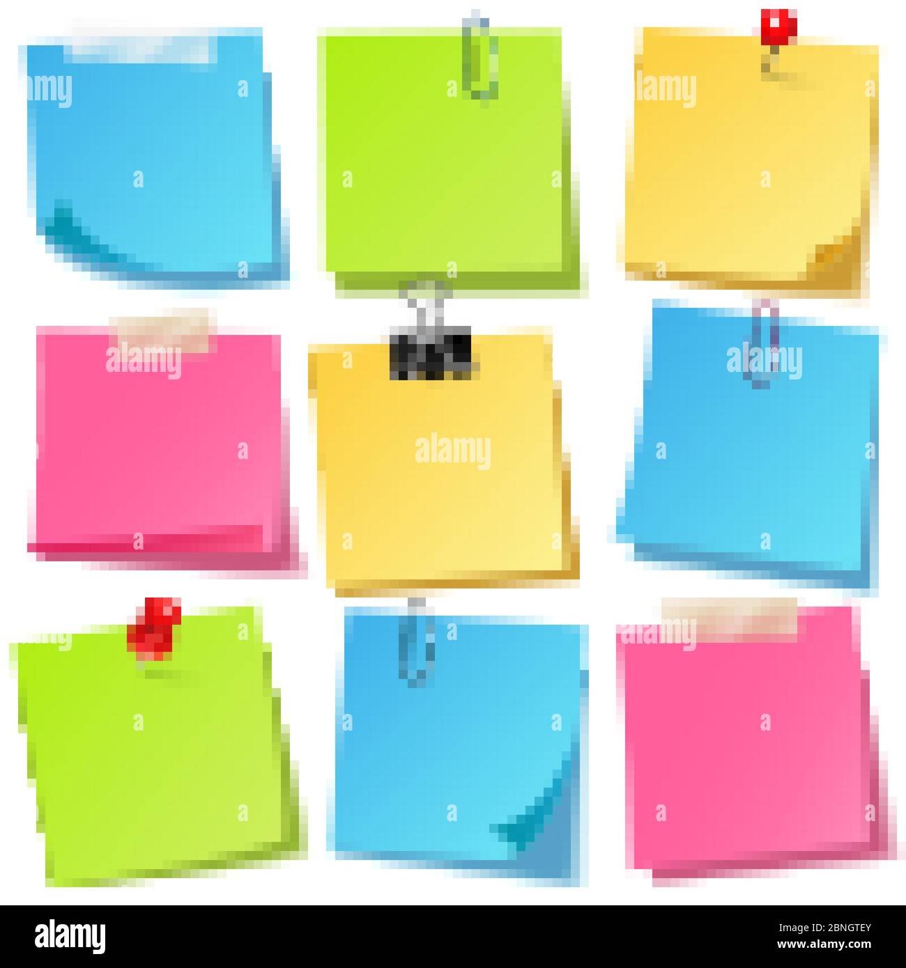 Realistic colorful blank sticky notes with clip binder. Colored sheets ...