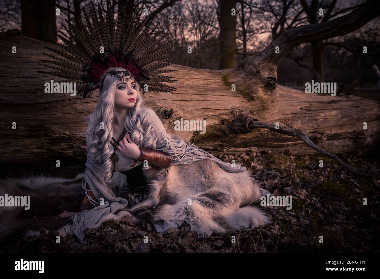 The Shamanic Priestess practices her rituals and arts at the close of the day Stock Photo