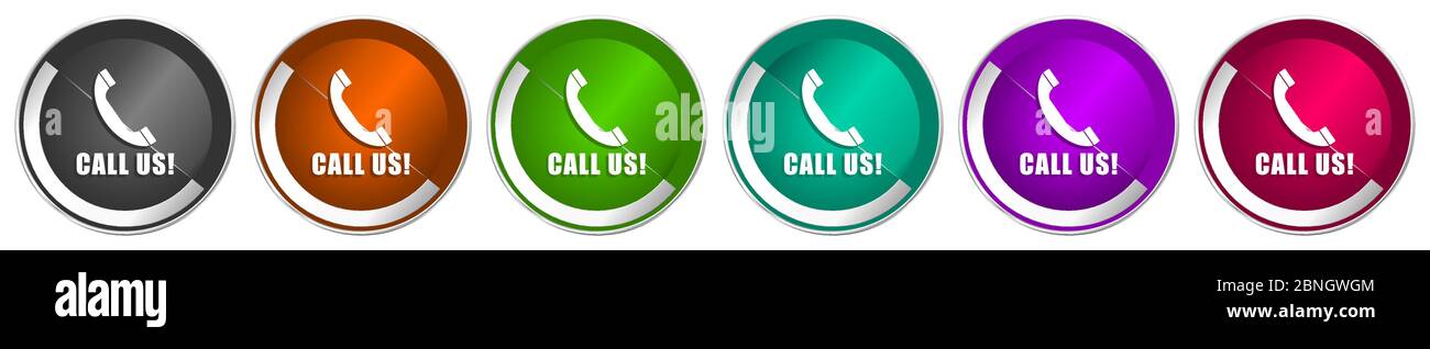 Call us icon set, silver metallic chrome border vector web buttons in 6 ...