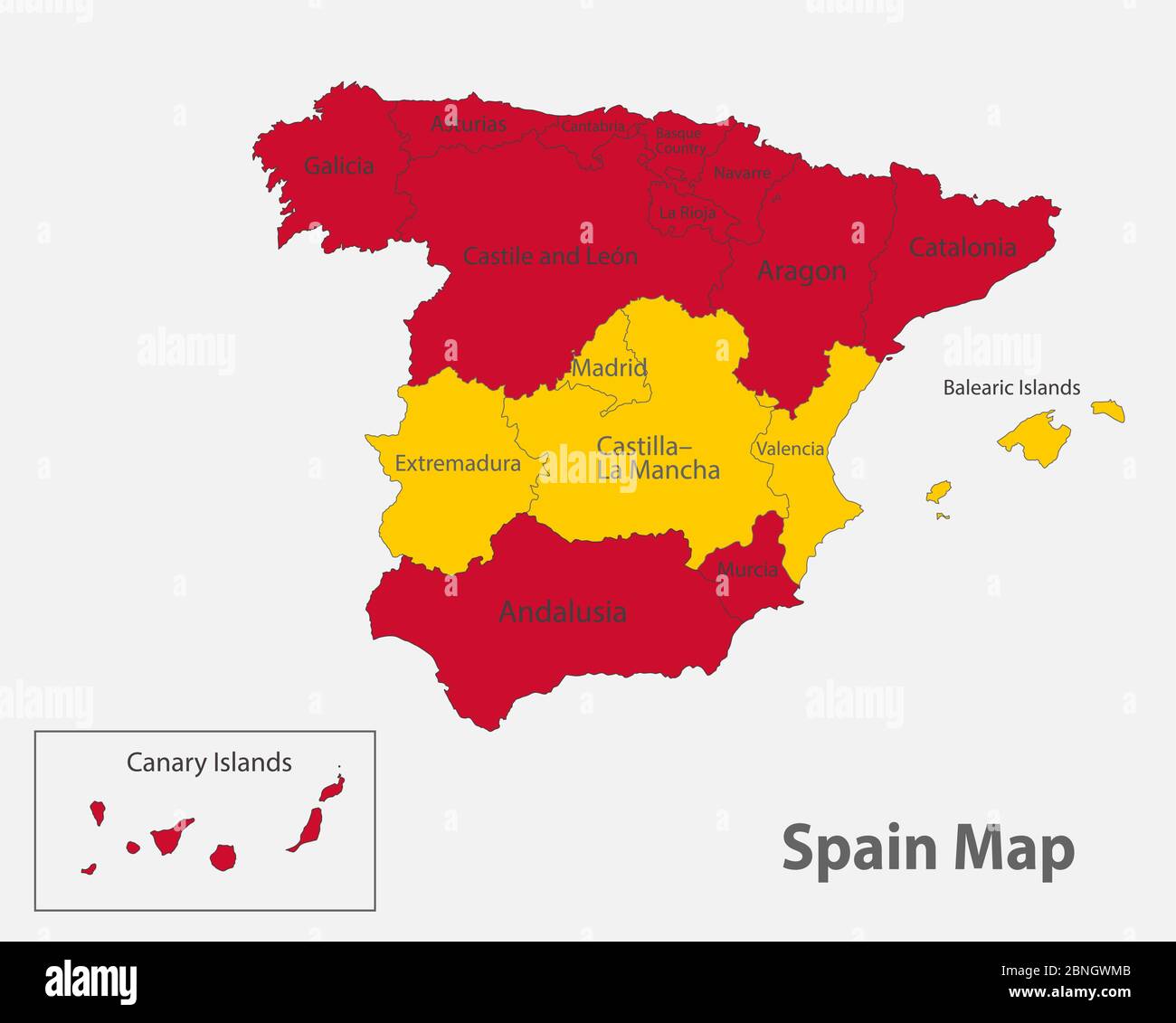 Map of the Spain in the colors of the flag with administrative divisions vector Stock Vector