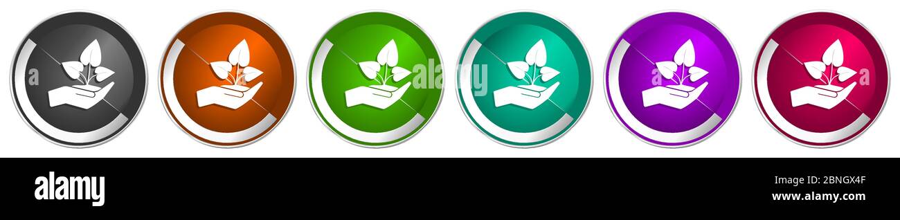 Plant care hand icon set, silver metallic chrome border vector web ...