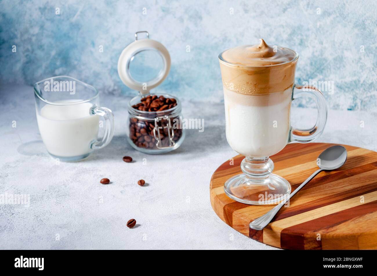 Dalgona Coffee on Ligrht Background. Trendy Creamy Whipped Coffee. Korean Cold Summer Drink. Stock Photo