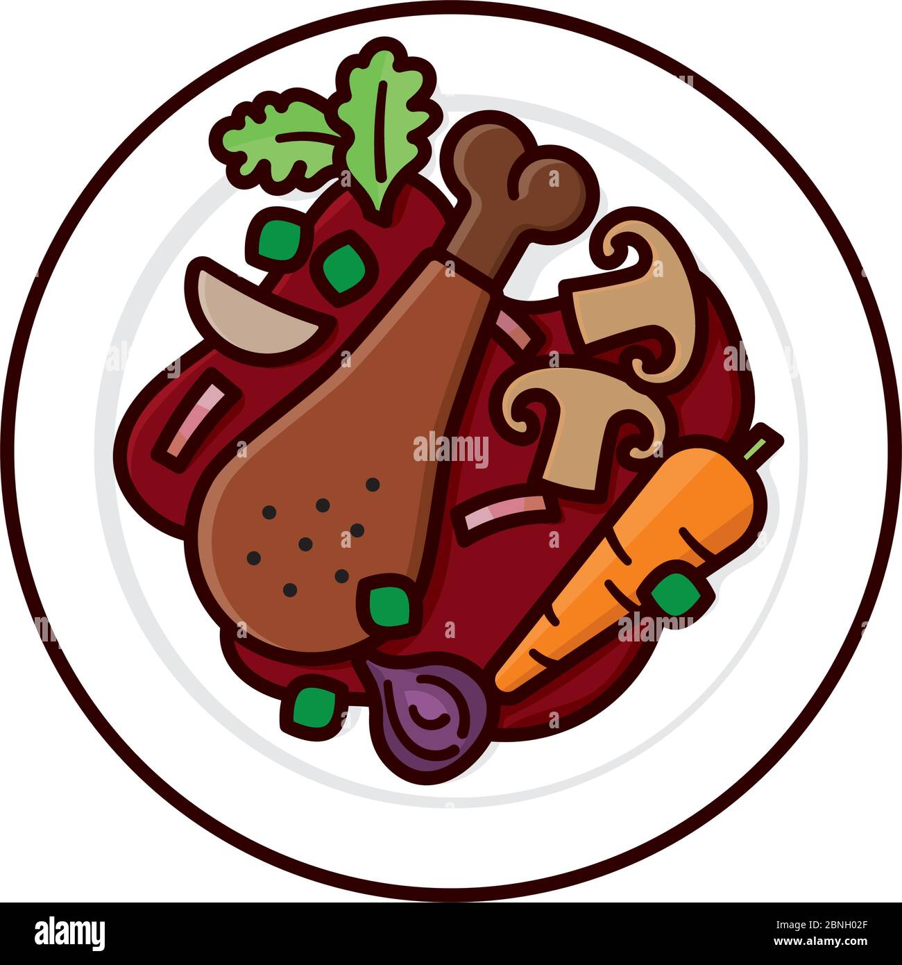 Coq au vin dish on plate high angle view isolated vector illustration. French cuisine color symbol. Stock Vector