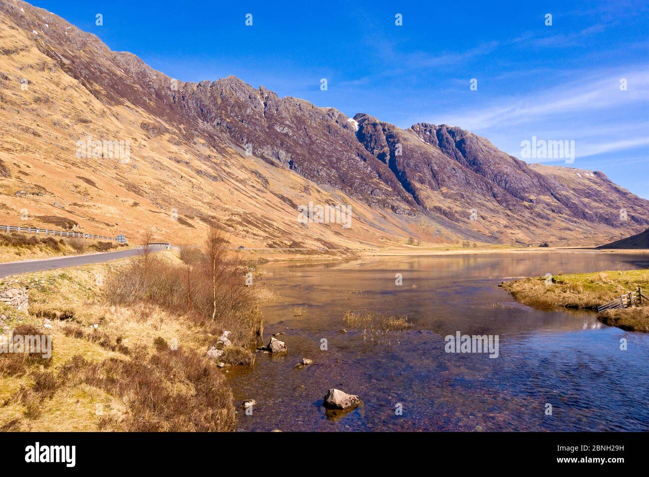 Aonach Eagach ridge, River Coe and  Loch Achtriochtanin Glen Coe West Highlands Scotland Stock Photo