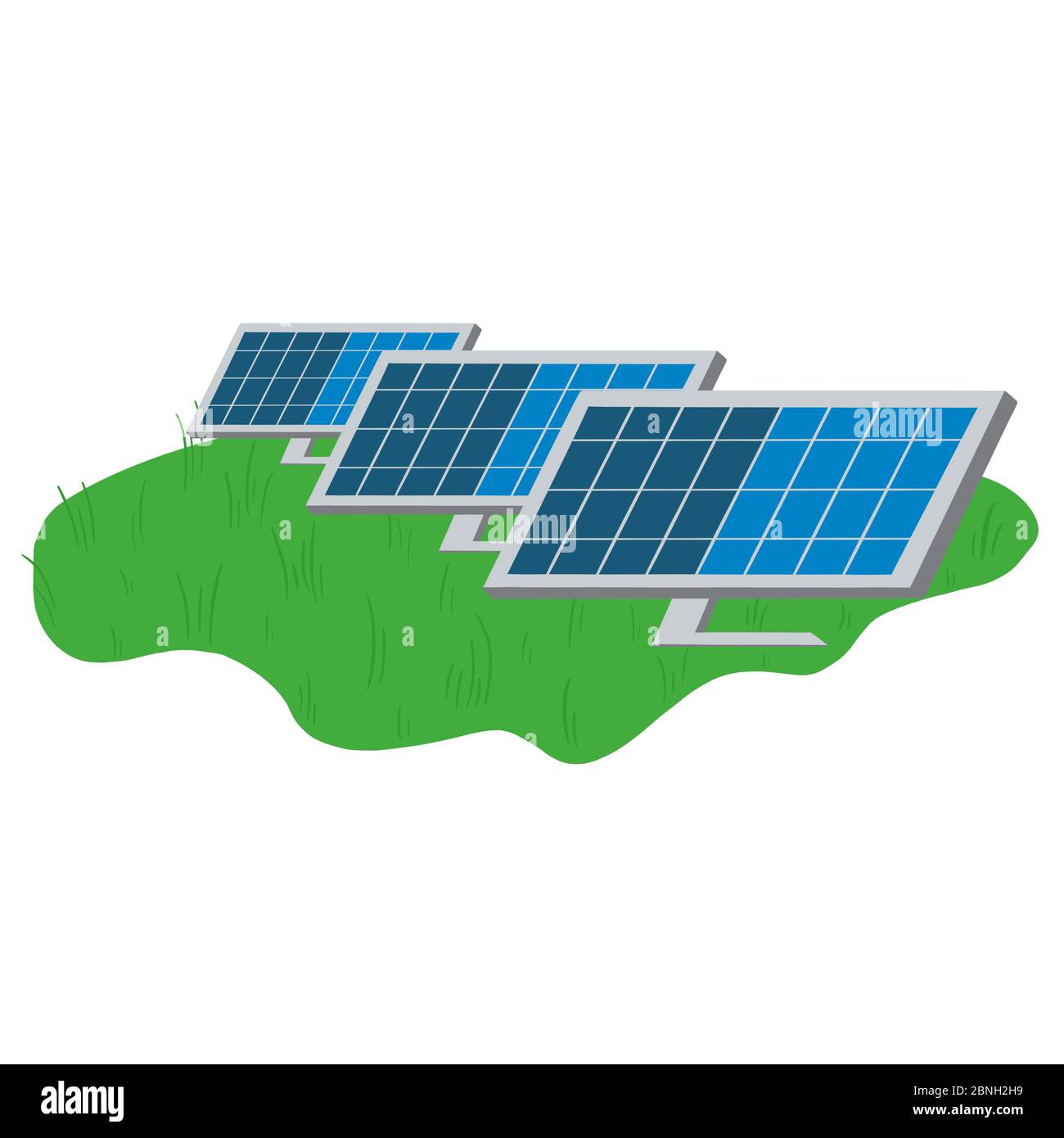 Array of solar cell panels on green field. Solar power plant illustration. Photovoltaic solar power panels, alternative power energy concept. Stock Photo