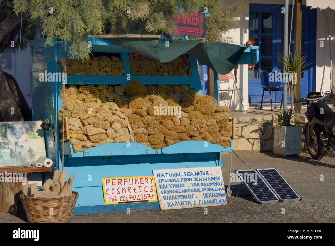 Sea sponges (Hippospongia / Spongia spp.) from Kalymnos for sale alongside loofahs in Lipsi Harbour, Lipsi, Dodecanese Islands, Greece, August 2013. Stock Photo