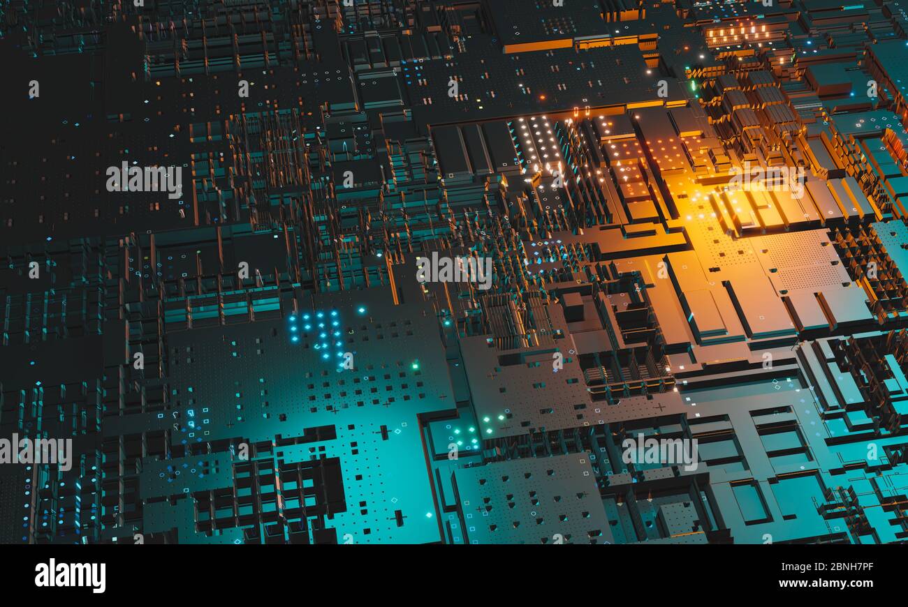 Abstract high tech electronic PCB (Printed circuit board) background in  blue and orange color. 3d illustration background Stock Photo - Alamy