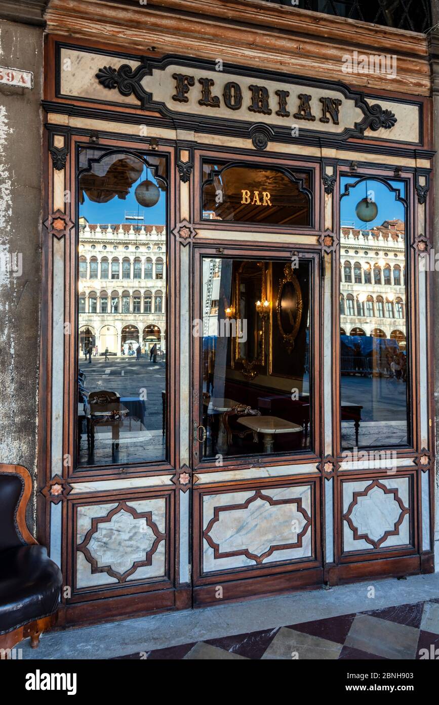 Cafe Florian on the Piazza San Marco or St Mark`s Square in Venice. It ...