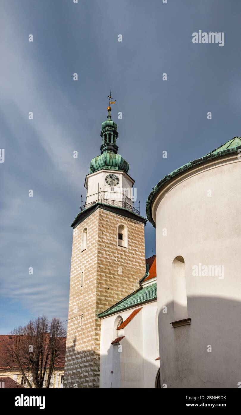 Bell tower and round transept at Assumption Church in Bruntal, Czech Silesia, Moravian-Silesian Region, Czech Republic Stock Photo