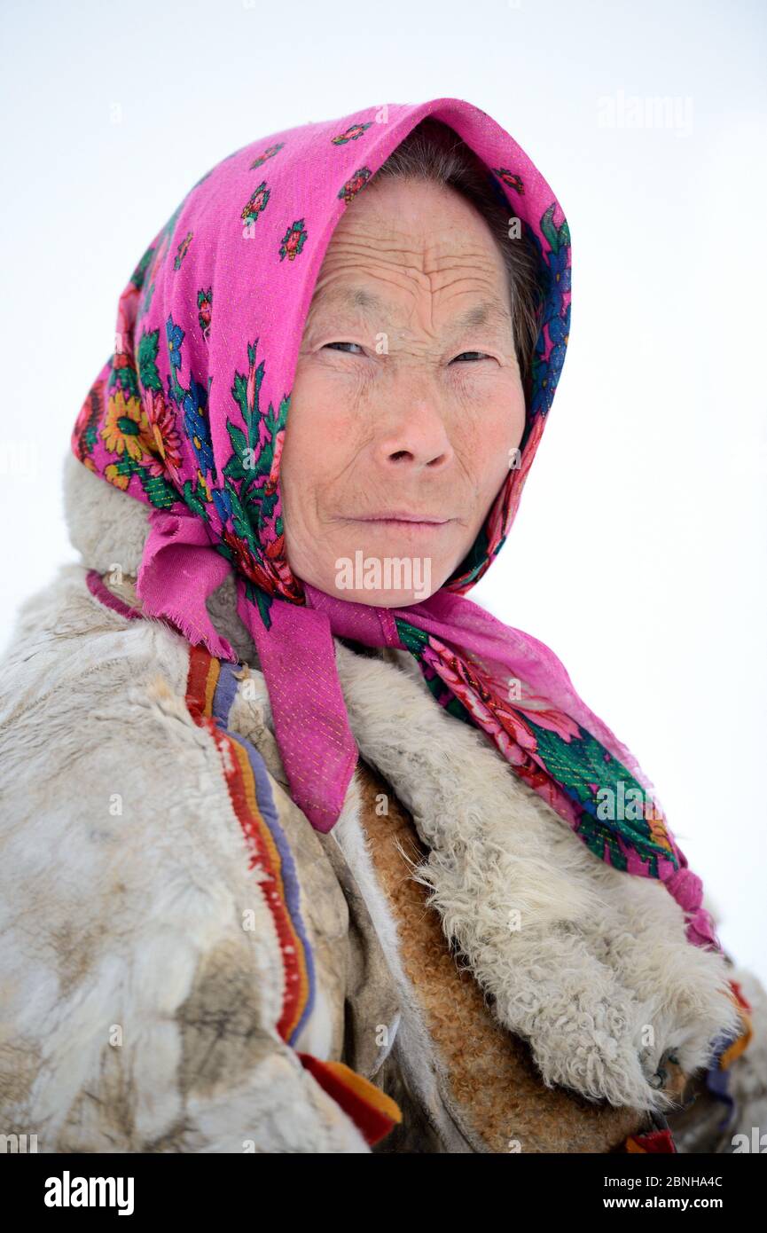 Tatiana Salinder, portrait of Nenet herder. Yar-Sale district, Yamal, Northwest Siberia, Russia. April 2016. Stock Photo