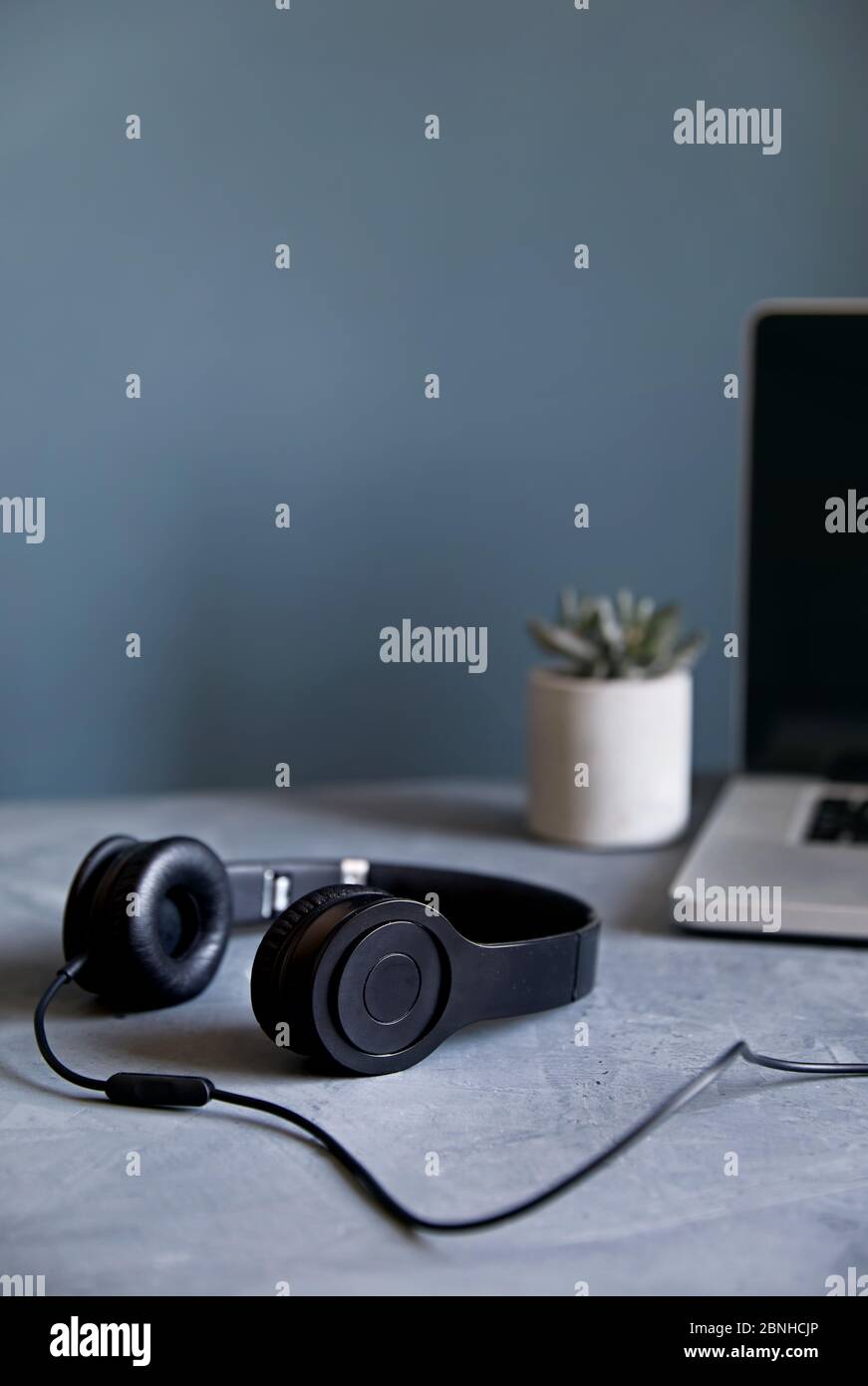 Empty workspace with laptop, headphones and plant at stone grey wall background. Working from home concept. Stock Photo