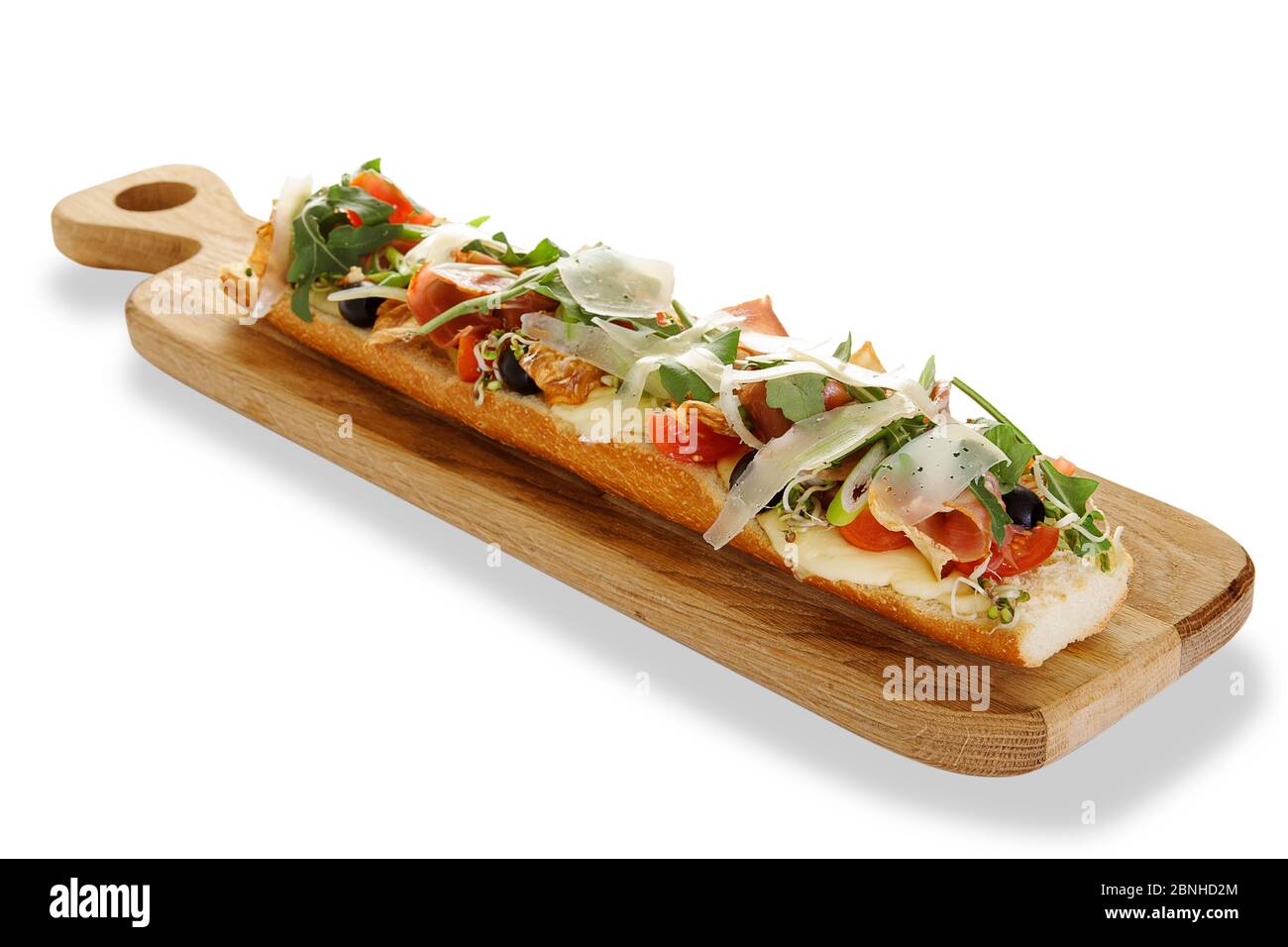 baguette bruschetta ham with arugula cheese cherry tomato Stock Photo