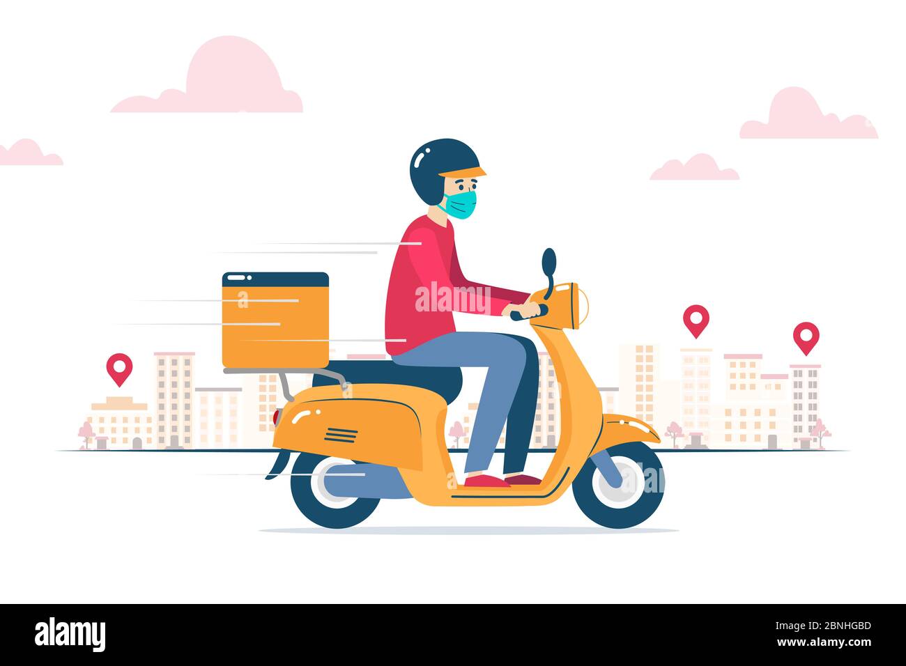 Vector illustration of a delivery man, wearing a mask because of coronavirus, delivering an order on a motorcycle Stock Photo