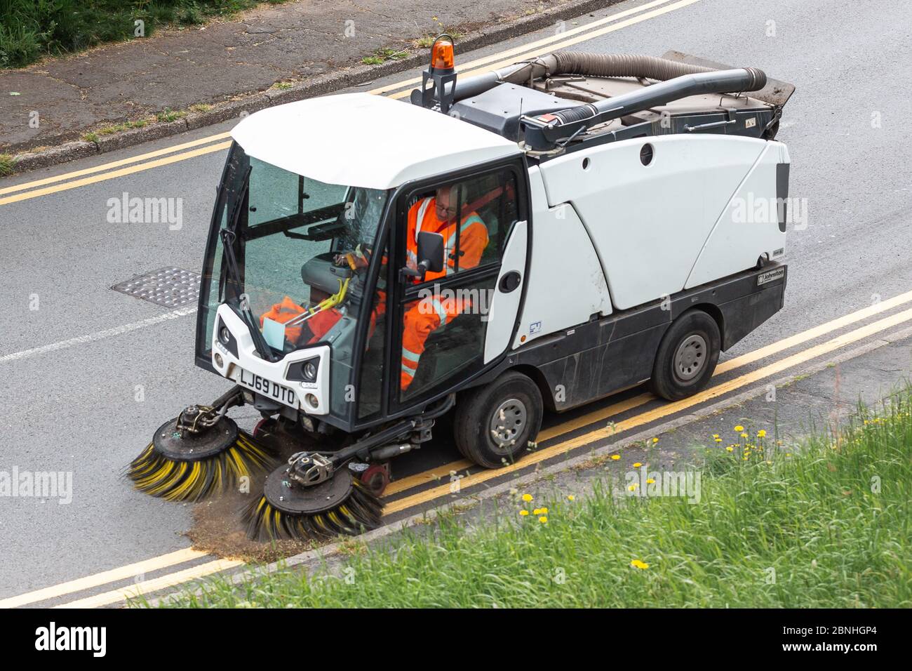 Newport, Wales, UK. 15th May, 2020. A street sanitation vehicle driven by a city council key worker cleans the streets during the eighth week of  the Covid-19 pandemic lockdown in the UK. Credit: Tracey Paddison/Alamy Live News Stock Photo