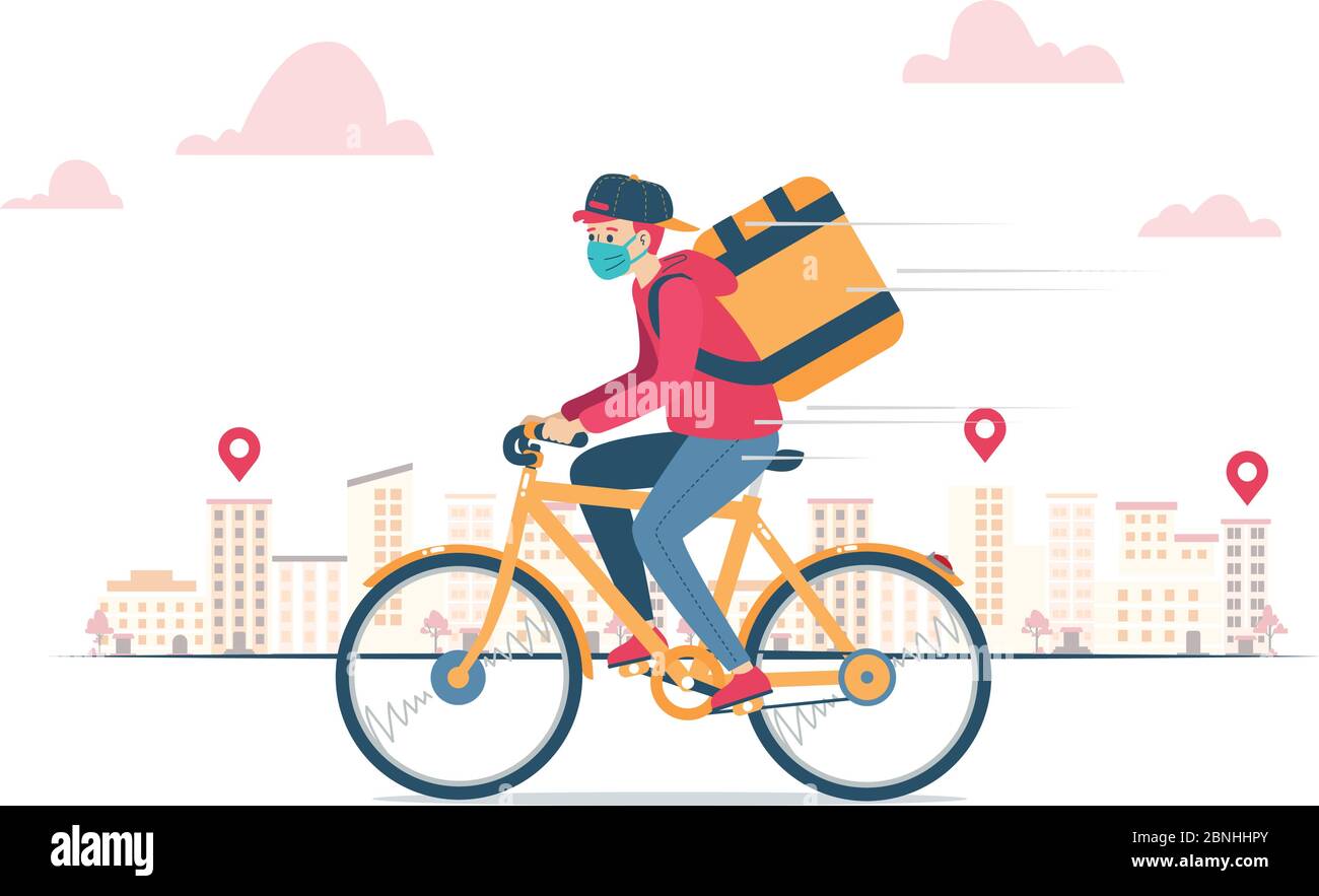 Vector illustration of a delivery courier, wearing a mask because of coronavirus, delivering an order on a bike Stock Vector