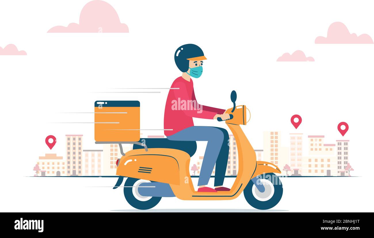 Vector illustration of a delivery man, wearing a mask because of coronavirus, delivering an order on a motorcycle Stock Vector