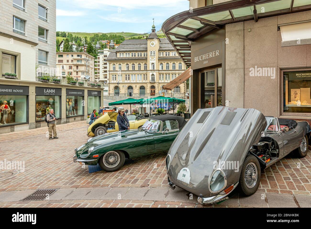 Jaguar vintage cars on display during the British Classic Car Meeting 2019, St.Moritz, Grisons, Switzerland Stock Photo