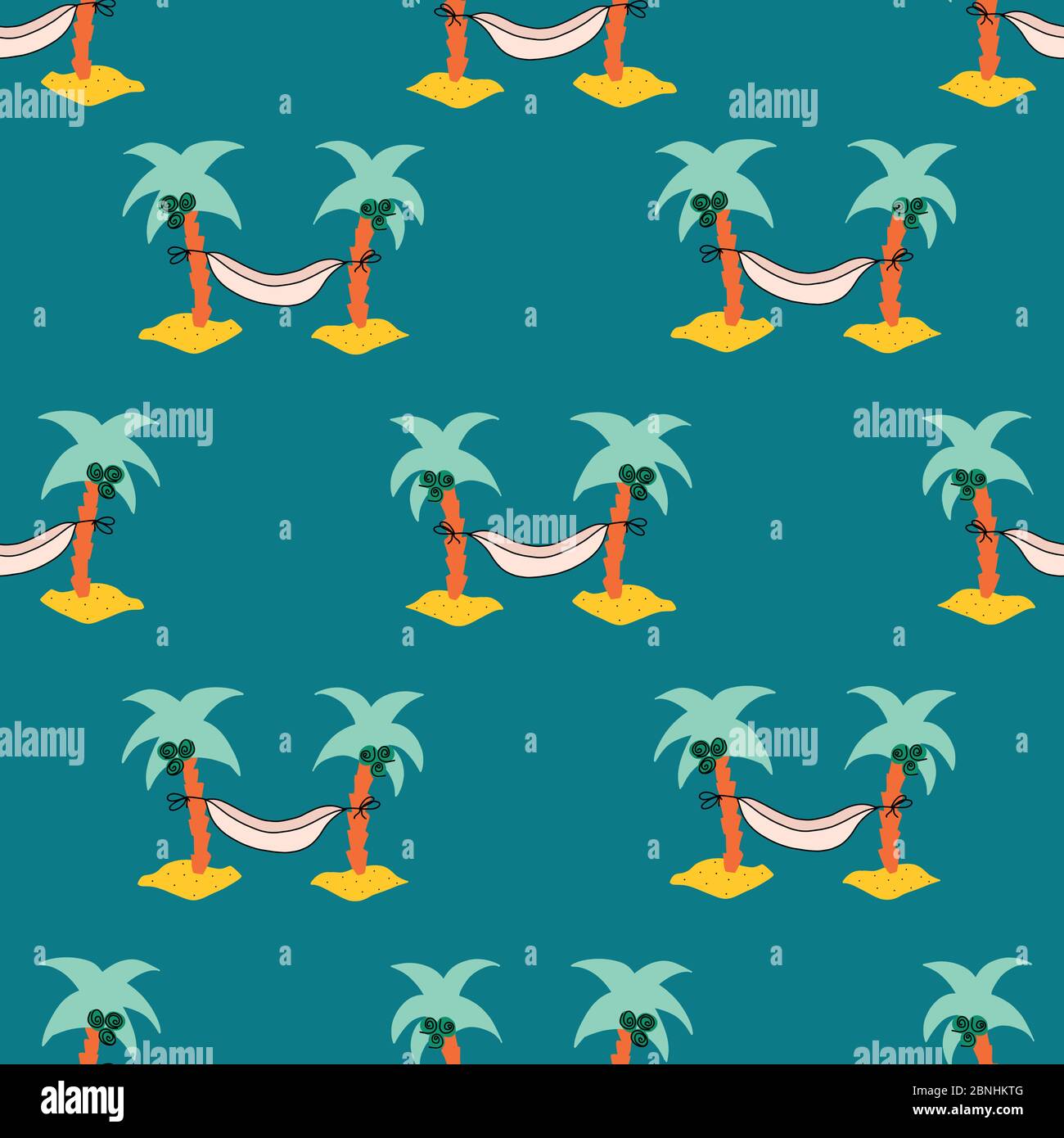 Seamless pattern with hammock between coconut palm trees. Repeating summer background.  Stock Vector