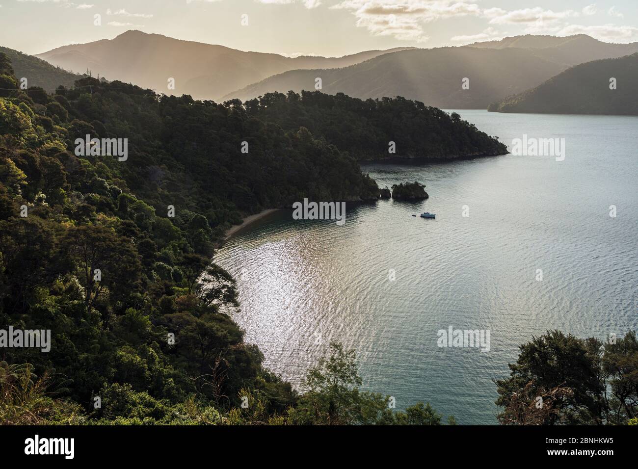 Sun setting over Governors Bay, Marlborough Sounds, South Island, New Zealand Stock Photo