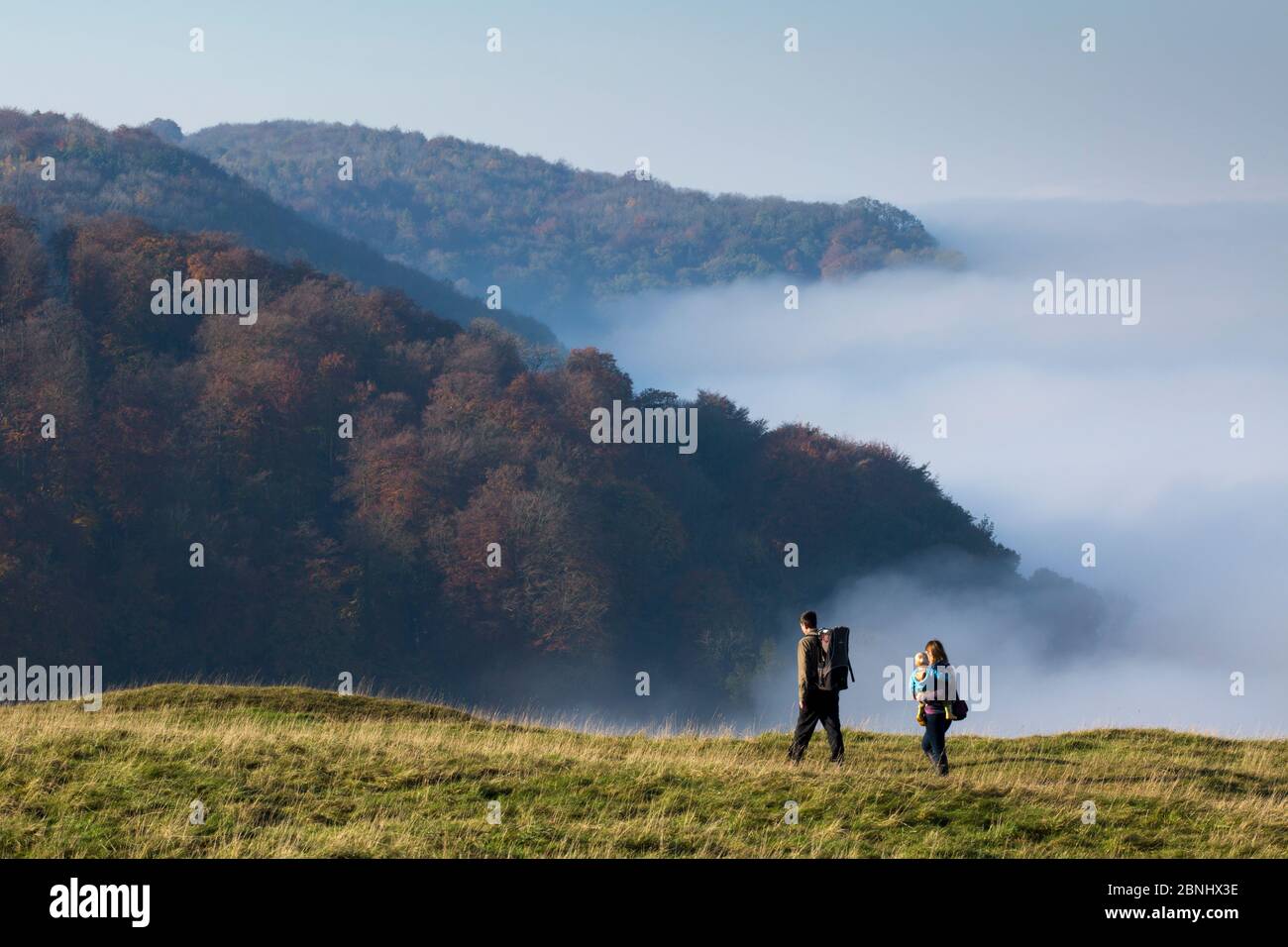 Walkers above autumnal mist on Selsley Common, Cotswold Way National Trail, Gloucestershire, UK